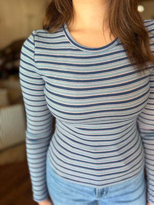 Le Lis Navy Blue Stripe Round Neck Fitted Knit Top