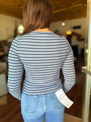 Le Lis Navy Blue Stripe Round Neck Fitted Knit Top