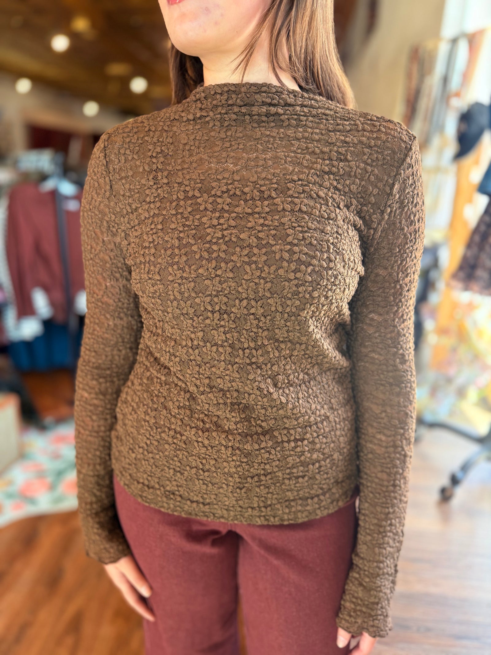 Doe & Rae Brown Lace Mock Neck Bell Sleeve Top