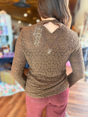 Doe & Rae Brown Lace Mock Neck Bell Sleeve Top
