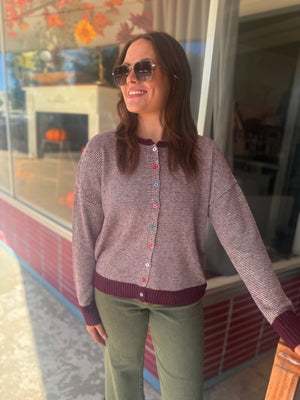 Staccato Plum + White Knit Cardigan w/ Multi Color Buttons