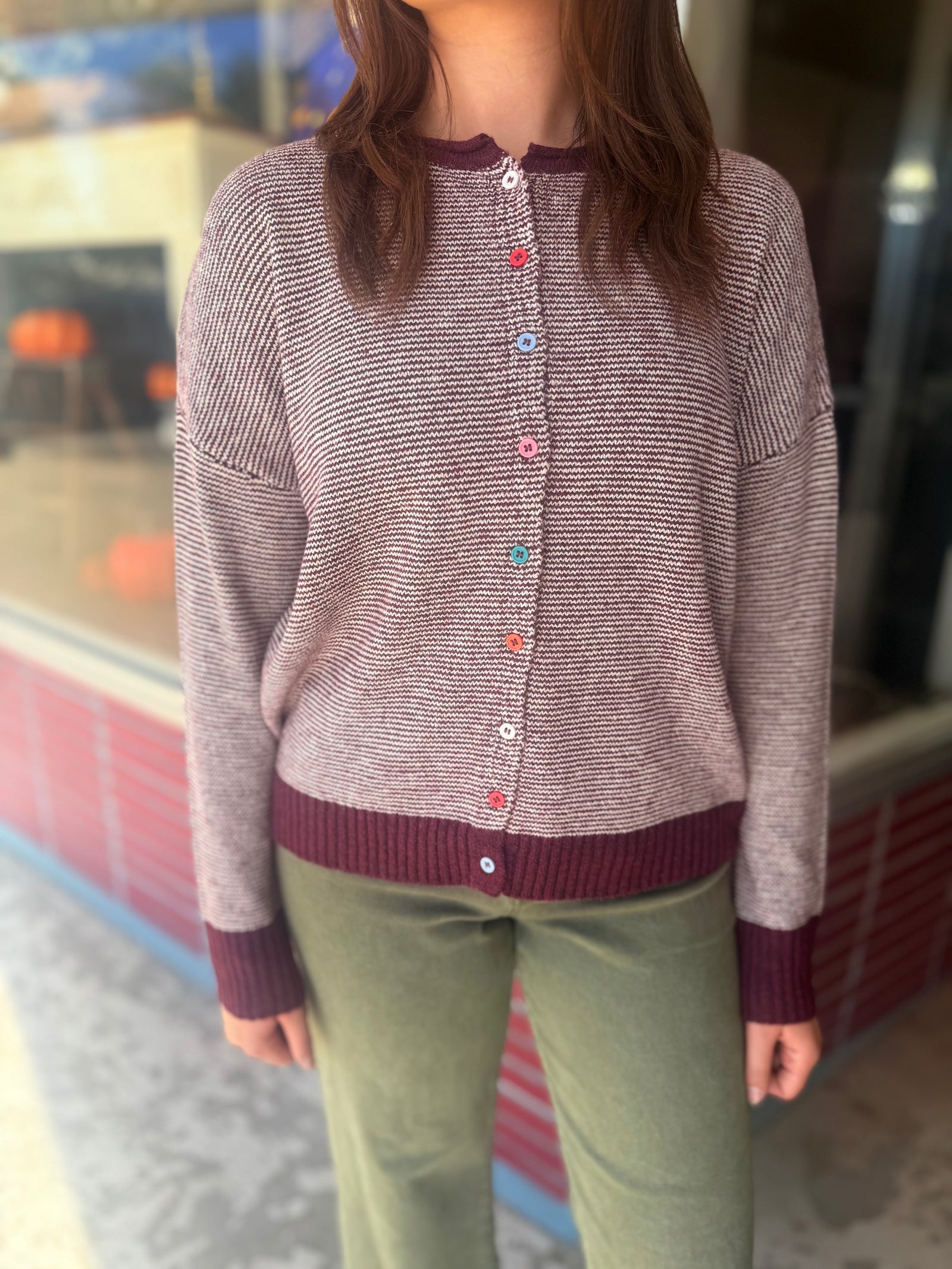 Staccato Plum + White Knit Cardigan w/ Multi Color Buttons