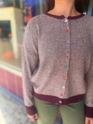 Staccato Plum + White Knit Cardigan w/ Multi Color Buttons