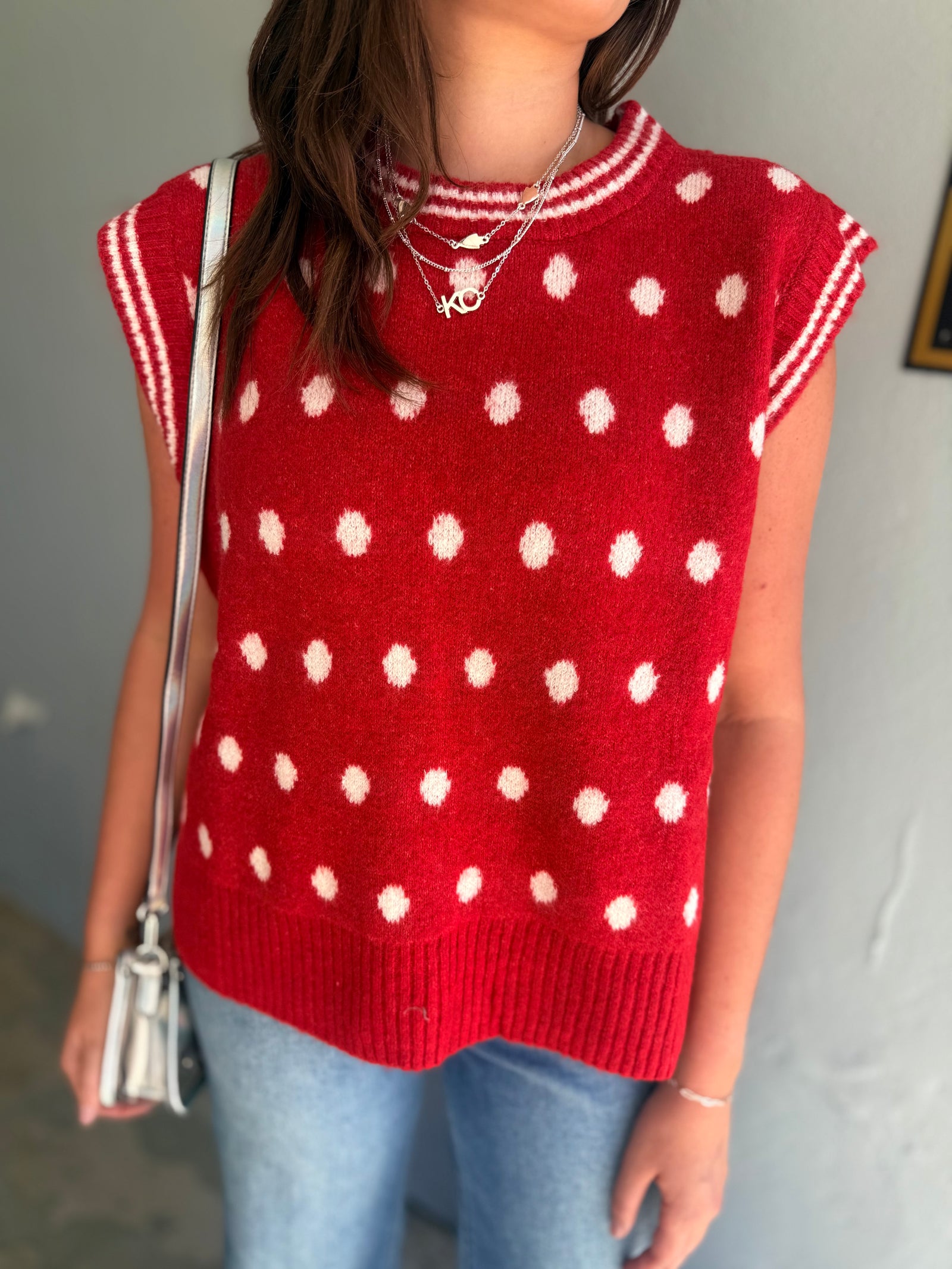 Easel Red Knit Polka Dot Sweater Vest