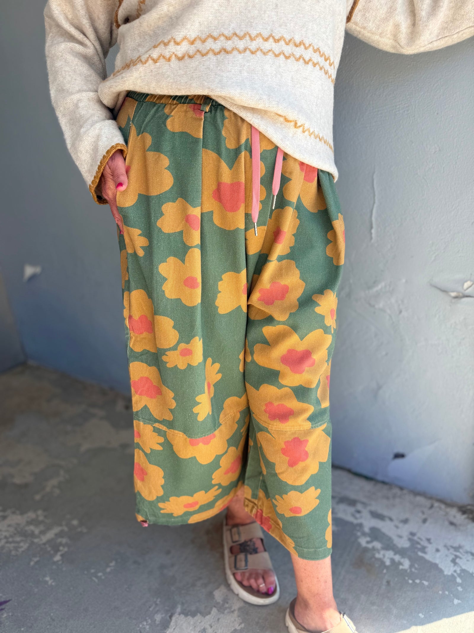 J.NNA Olive Jumbo Floral Denim Pants