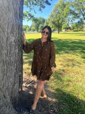 J.NNA Olive Floral Embroidered Flowy Mini Dress