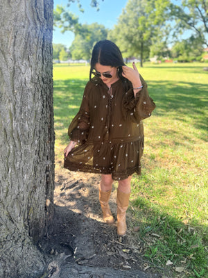 J.NNA Olive Floral Embroidered Flowy Mini Dress