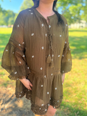 J.NNA Olive Floral Embroidered Flowy Mini Dress