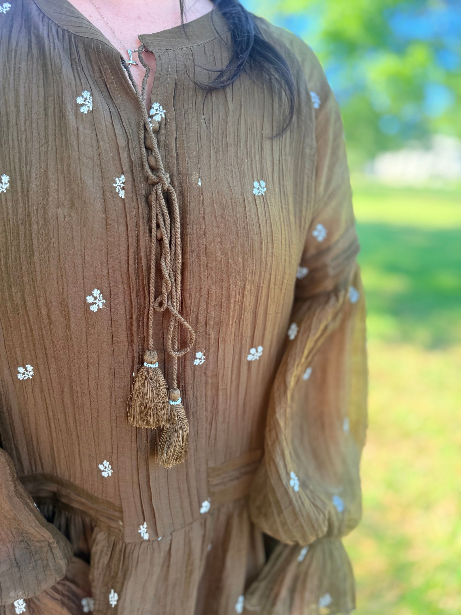 J.NNA Olive Floral Embroidered Flowy Mini Dress