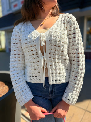 Staccato White Crochet Long Sleeve Cardigan w/ Ties