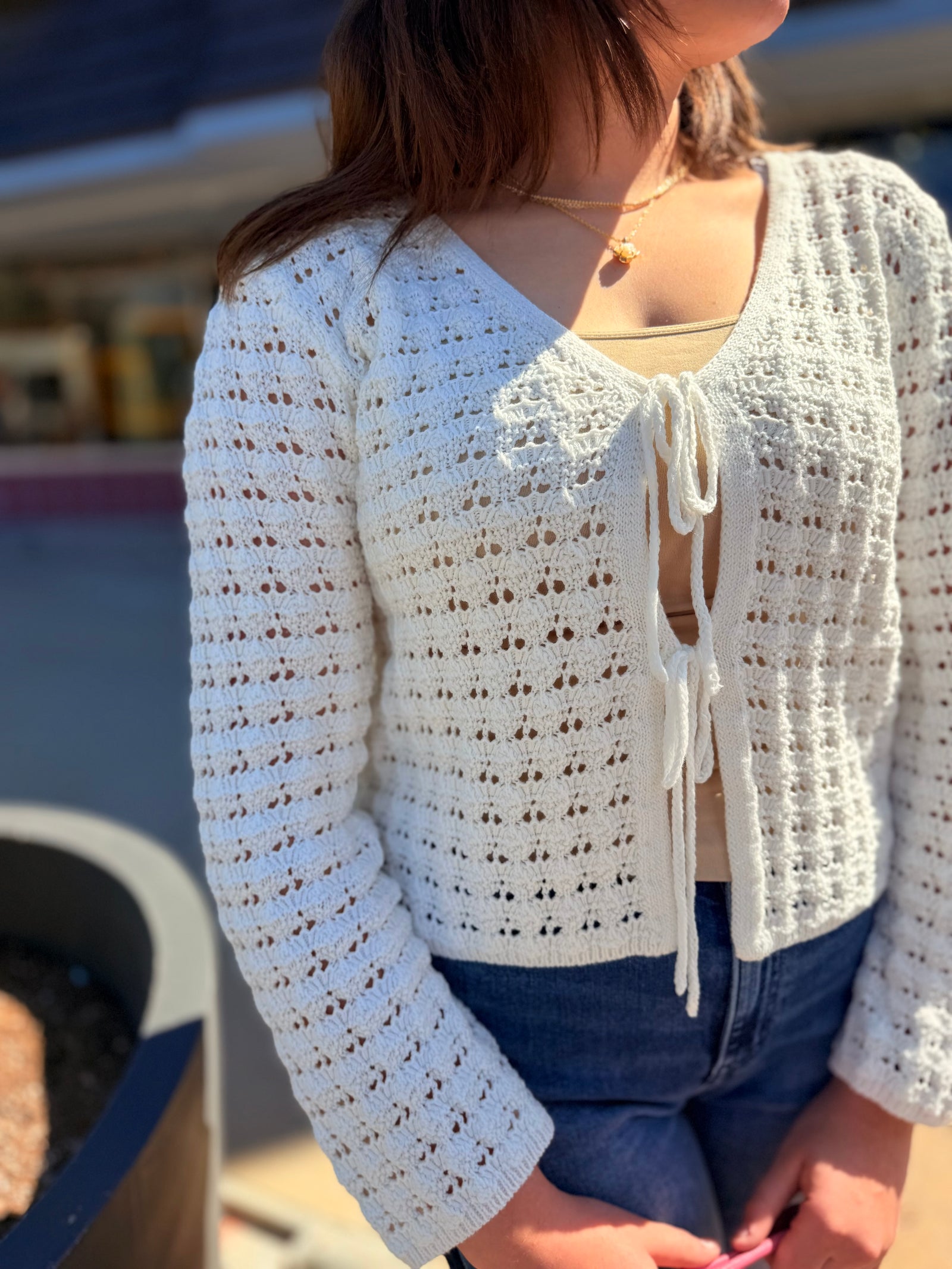 Staccato White Crochet Long Sleeve Cardigan w/ Ties