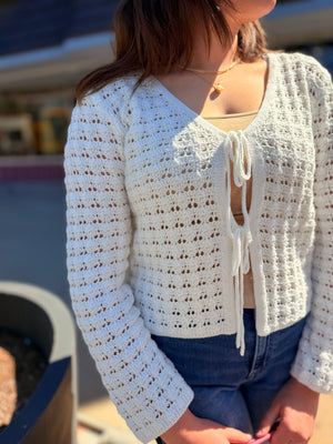 Staccato White Crochet Long Sleeve Cardigan w/ Ties