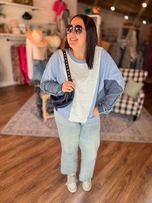Blue + Grey Color Block Crew Sweatshirt