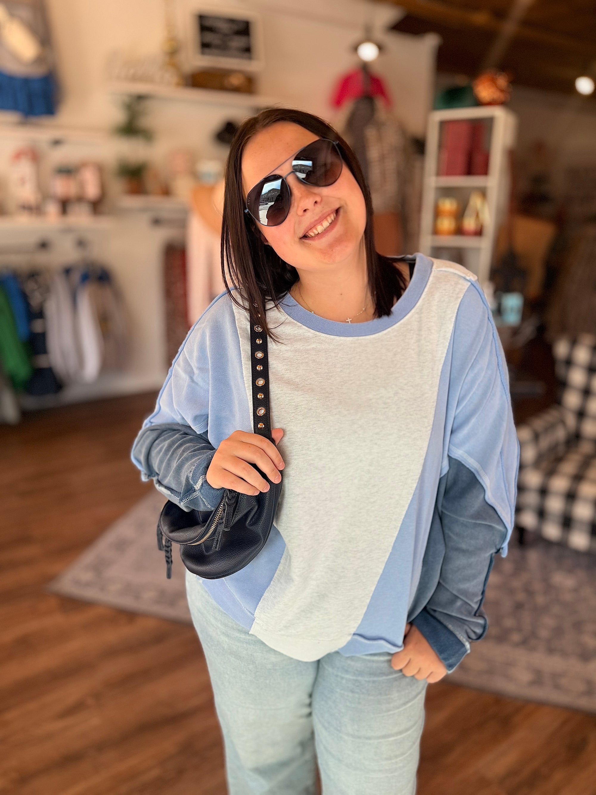 Blue + Grey Color Block Crew Sweatshirt