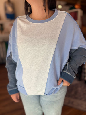 Blue + Grey Color Block Crew Sweatshirt