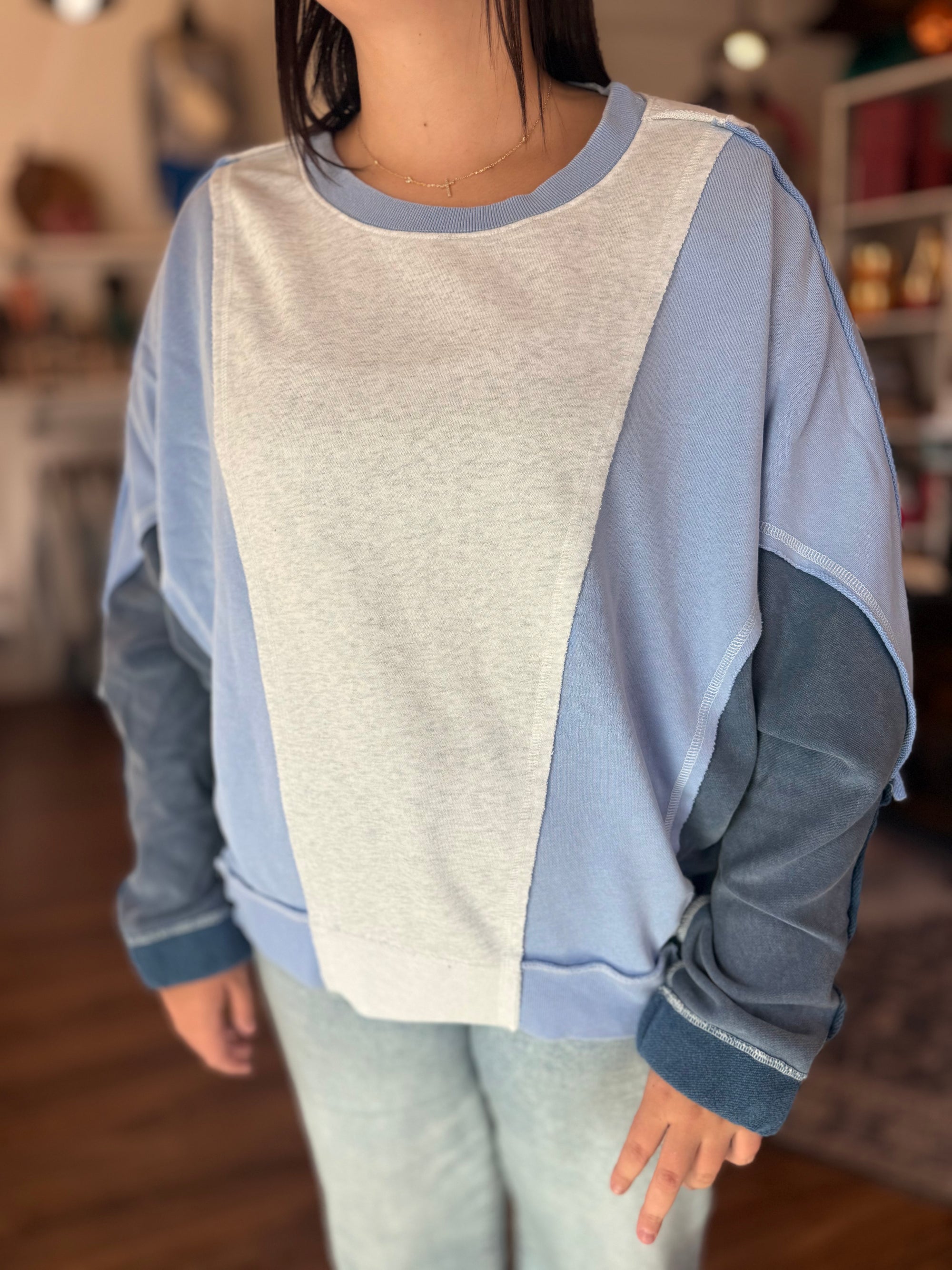 Blue + Grey Color Block Crew Sweatshirt