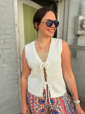 Staccato White Crochet Vest w/ Ties