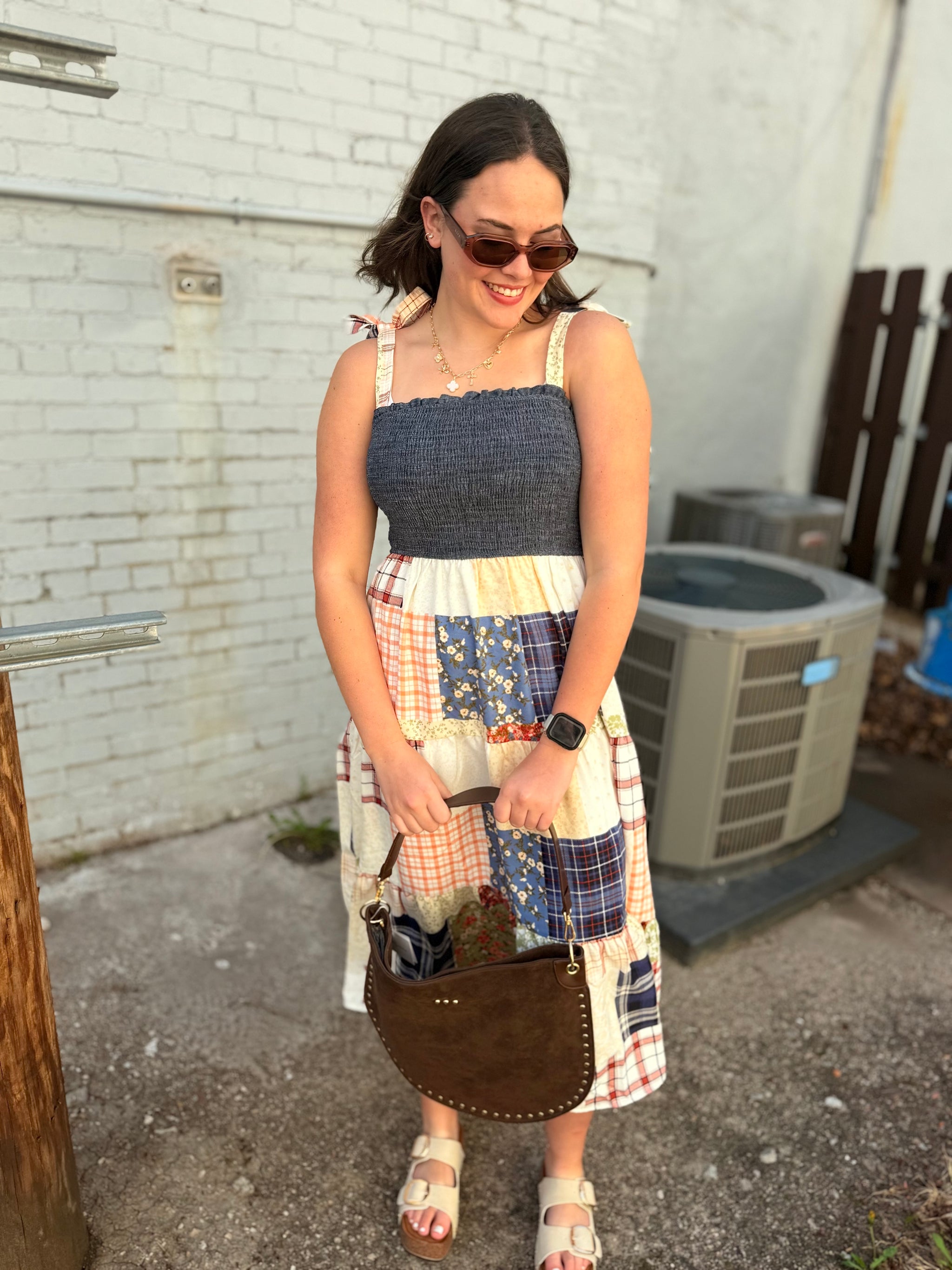 blu pepper dress Blu Pepper Smocked Denim Patchwork Tiered Maxi Dress