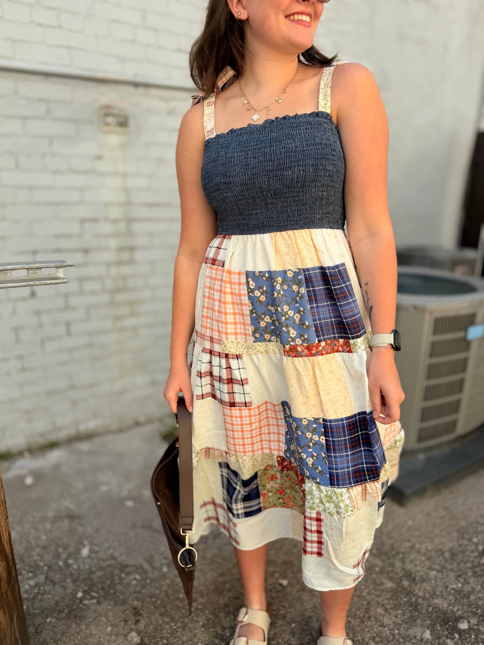 Blu Pepper Smocked Denim Patchwork Tiered Maxi Dress