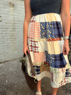 Blu Pepper Smocked Denim Patchwork Tiered Maxi Dress