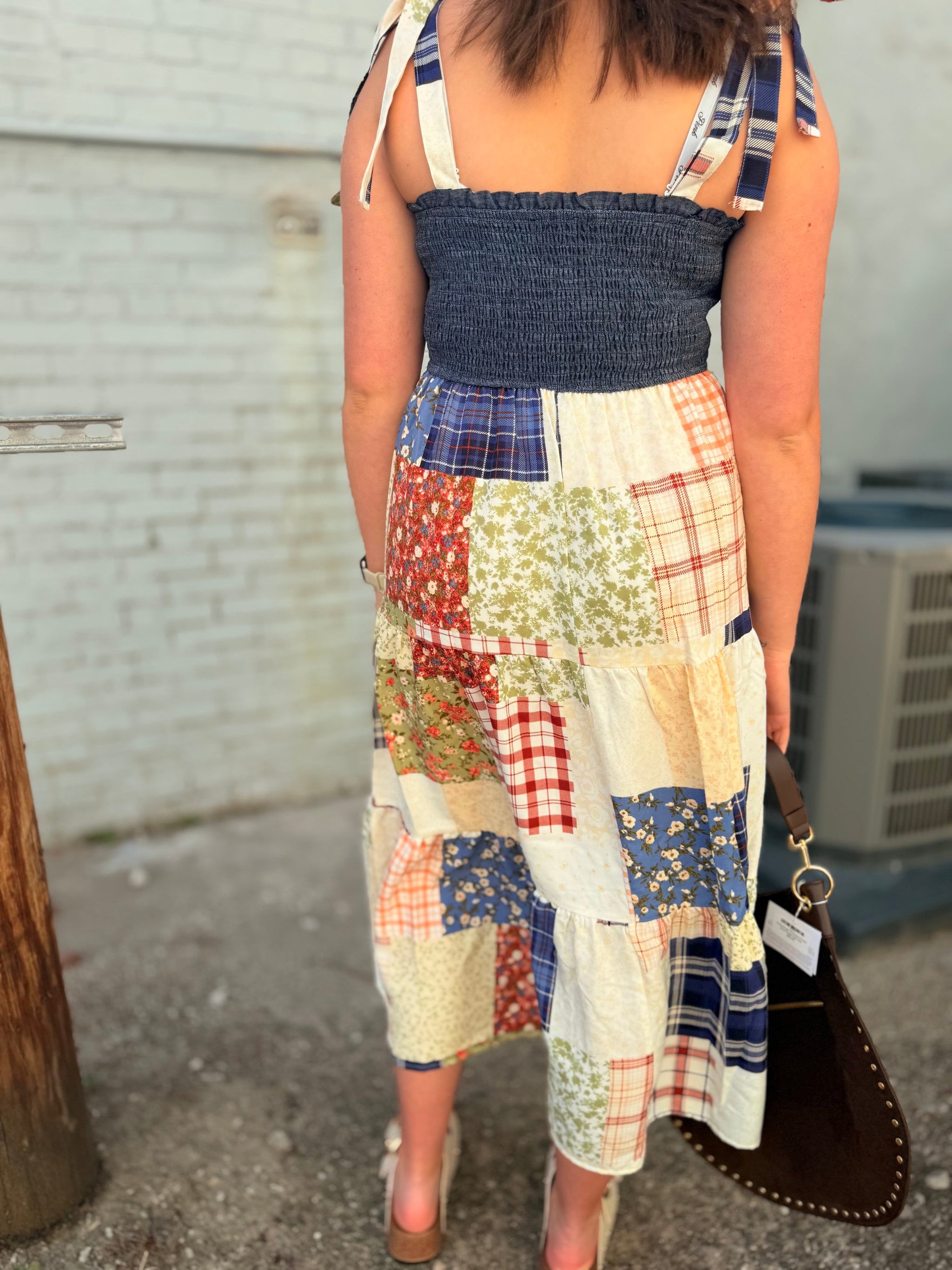Blu Pepper Smocked Denim Patchwork Tiered Maxi Dress Blu Pepper Smocked Denim Patchwork Tiered Maxi Dress
