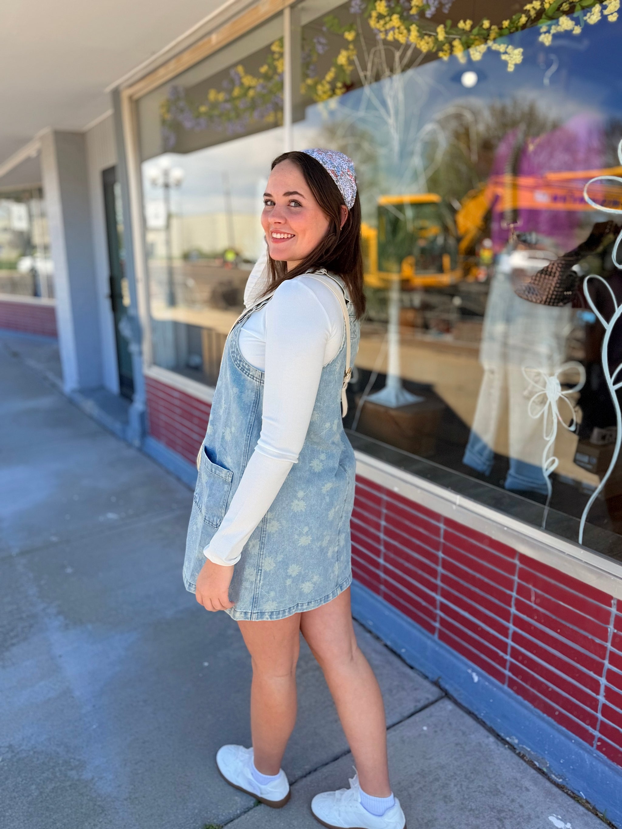 Blu Pepper Dandelion Print Denim Overall Mini Dress Blu Pepper Dandelion Print Denim Overall Mini Dress