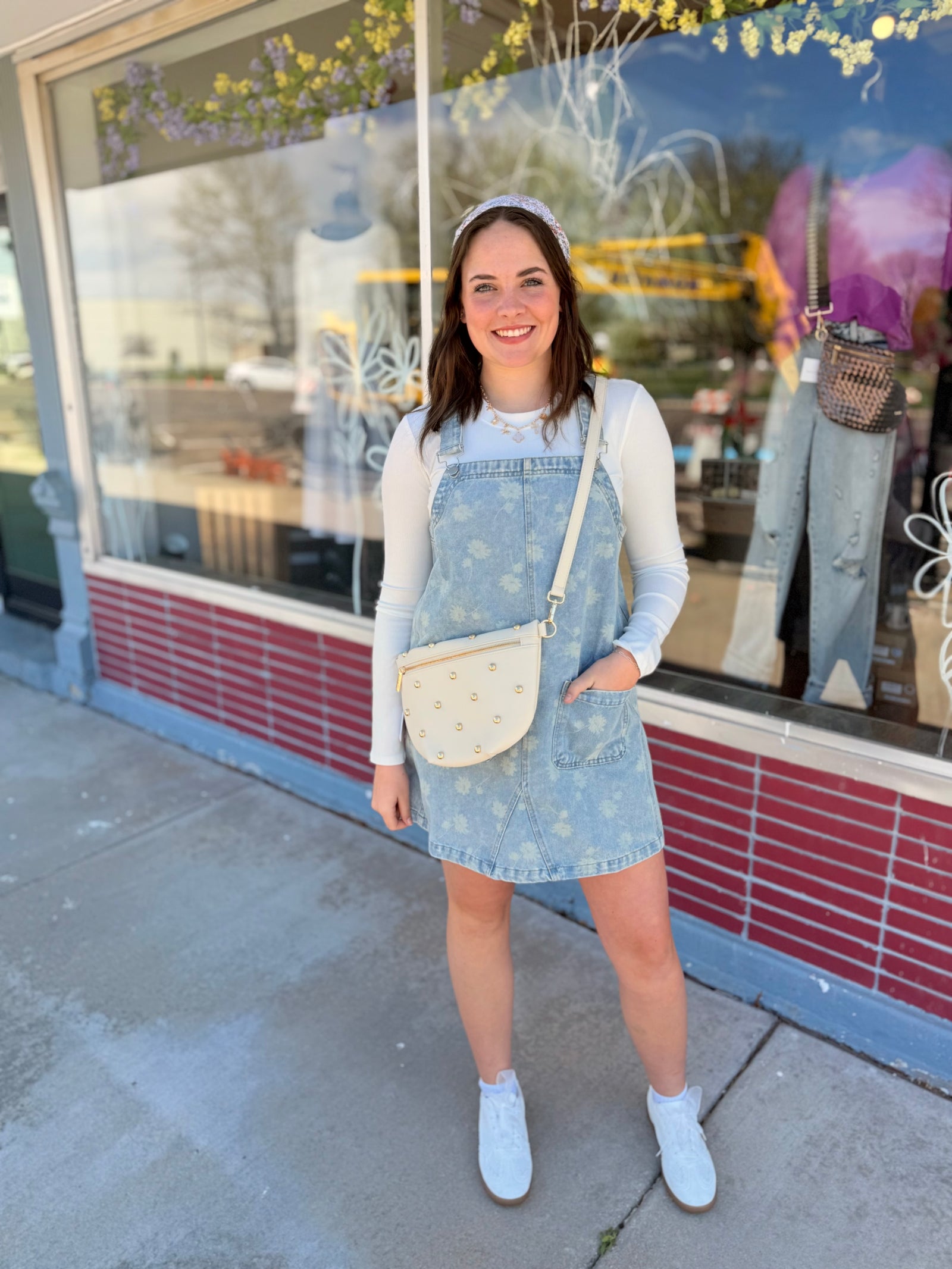 Blu Pepper Dandelion Print Denim Overall Mini Dress