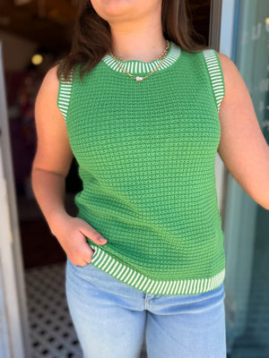 Staccato Green Knit Sleeveless Sweater w/ White Stripe Hem