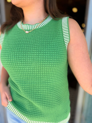 Staccato Green Knit Sleeveless Sweater w/ White Stripe Hem
