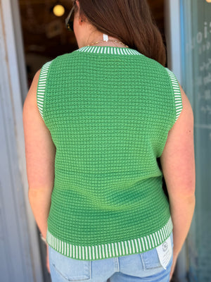 Staccato Green Knit Sleeveless Sweater w/ White Stripe Hem