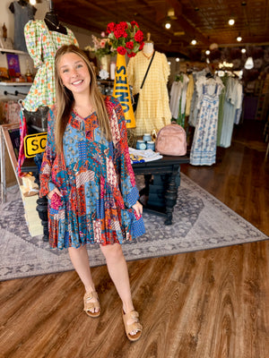 Easel Rust + Teal Patchwork Flowy Long Sleeve Dress
