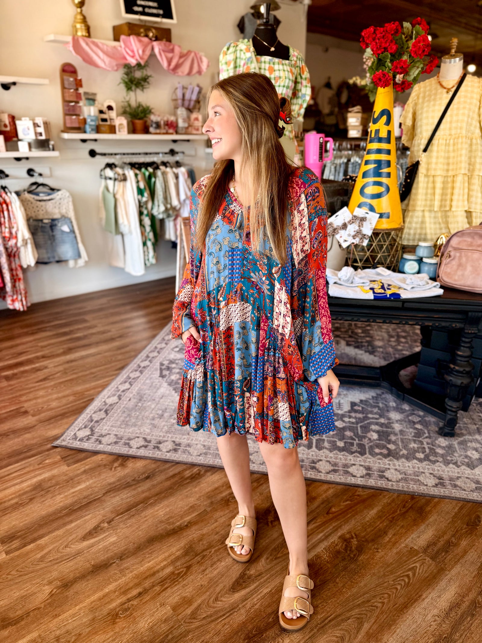 Easel Rust + Teal Patchwork Flowy Long Sleeve Dress