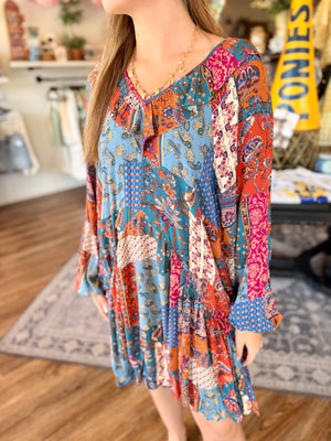 Easel Rust + Teal Patchwork Flowy Long Sleeve Dress