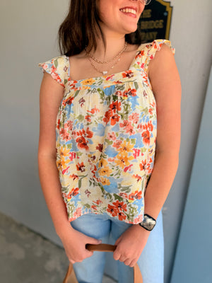 Staccato Vibrant Floral Square Neck Top w/ Ruffle Straps