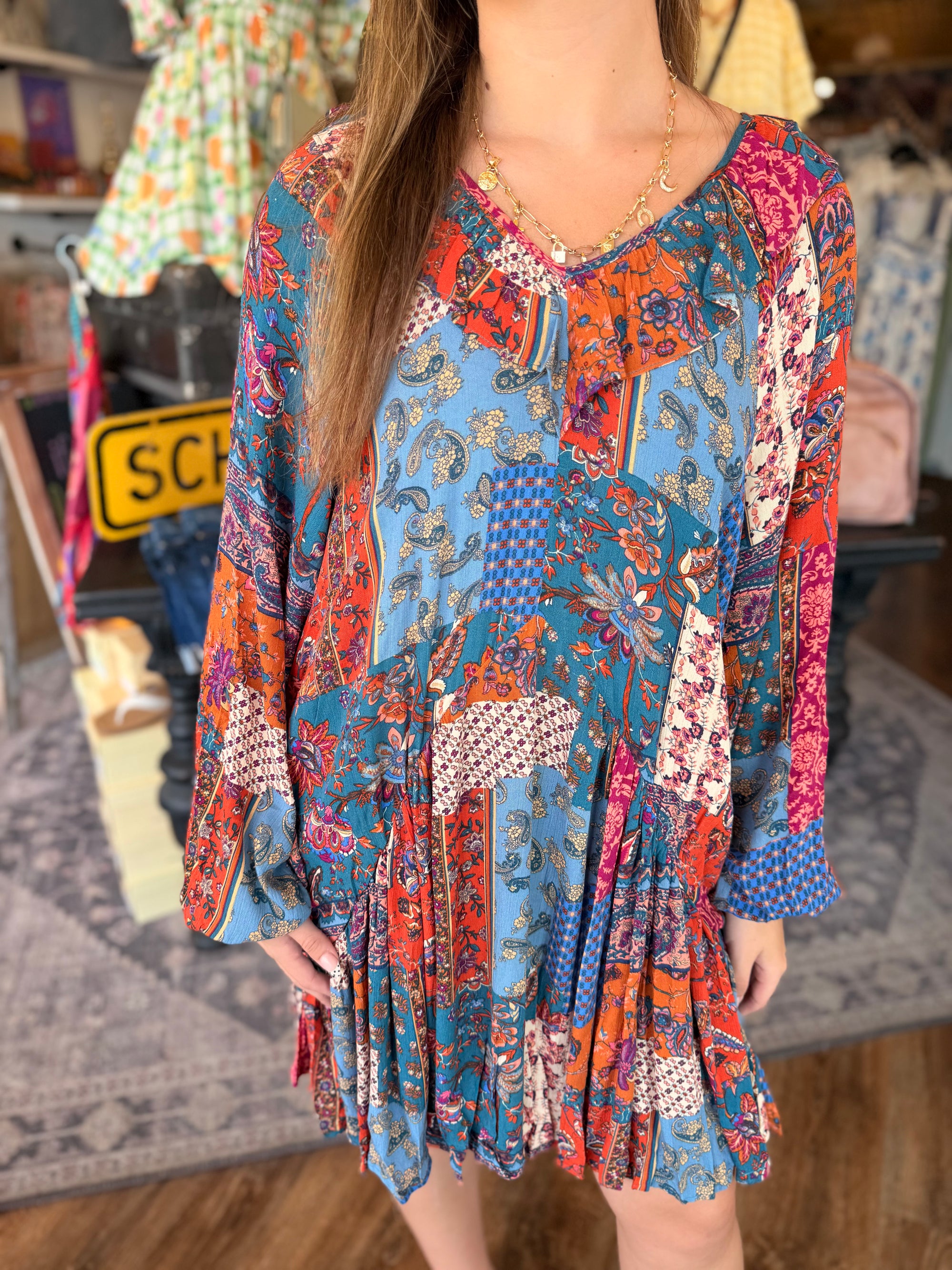 Easel Rust + Teal Patchwork Flowy Long Sleeve Dress - Audacious