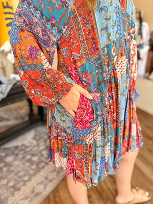 Easel Rust + Teal Patchwork Flowy Long Sleeve Dress
