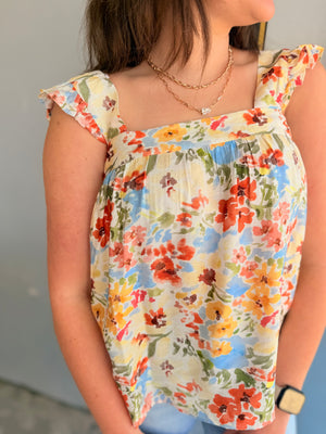 Staccato Vibrant Floral Square Neck Top w/ Ruffle Straps
