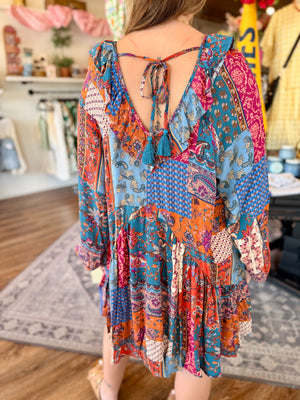 Easel Rust + Teal Patchwork Flowy Long Sleeve Dress