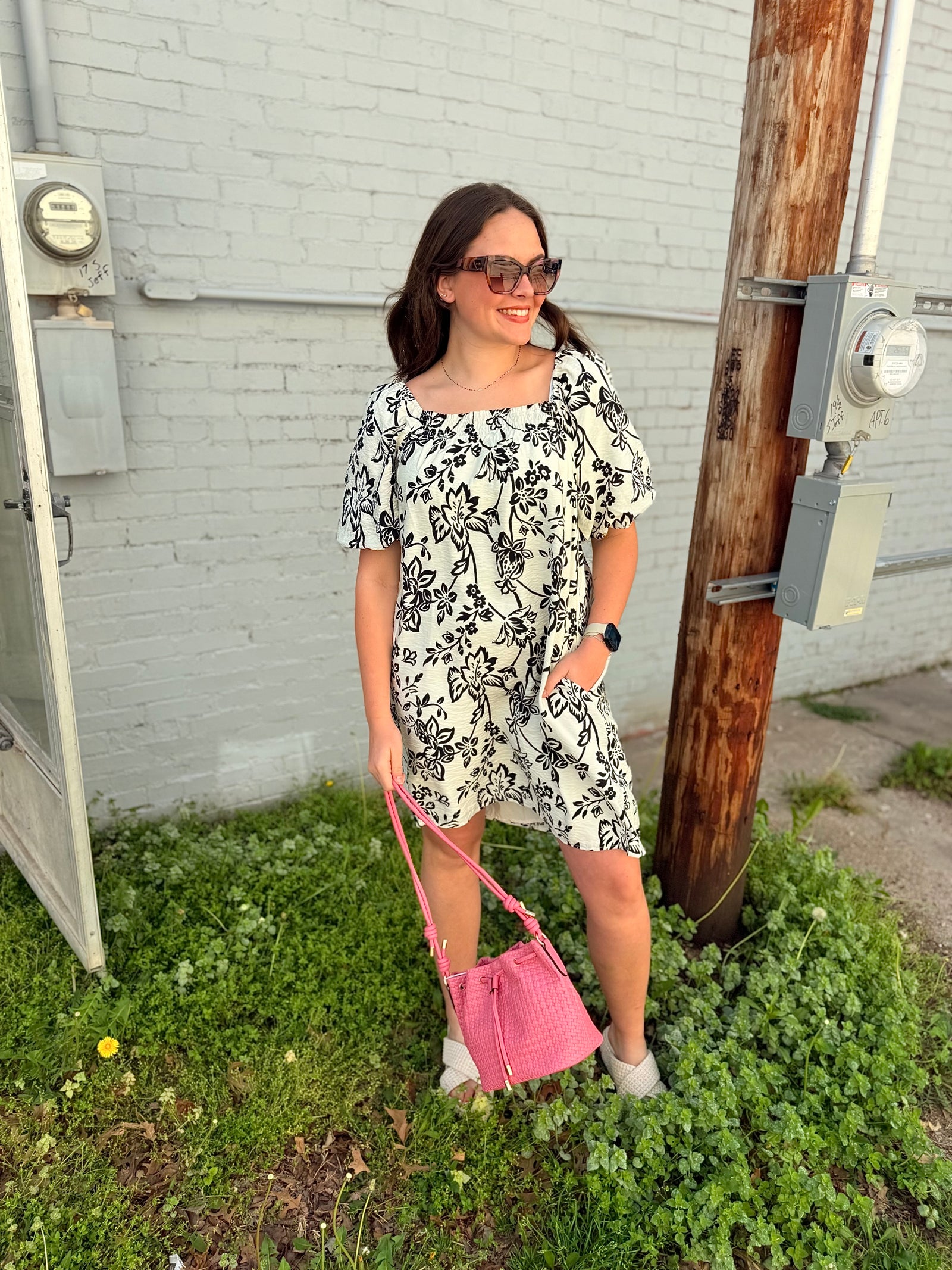 Staccato Cream Dress w/ Black Florals + Bubble Sleeve