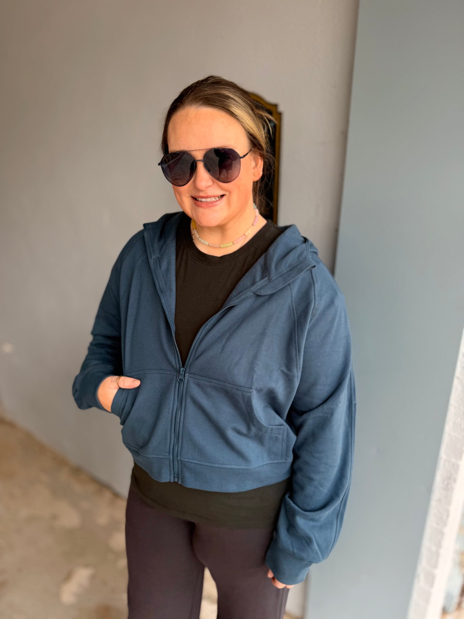 Mono B Navy Zip Up Hooded Fleece Jacket