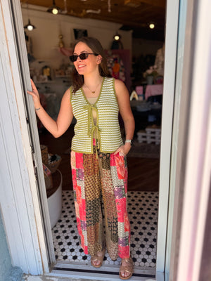 Staccato Green Striped Knit Crochet Vest w/ Ties