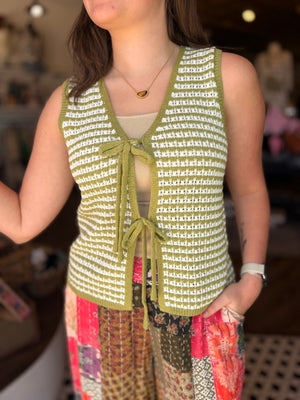 Staccato Green Striped Knit Crochet Vest w/ Ties
