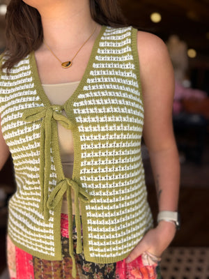 Staccato Green Striped Knit Crochet Vest w/ Ties