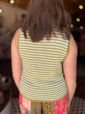Staccato Green Striped Knit Crochet Vest w/ Ties