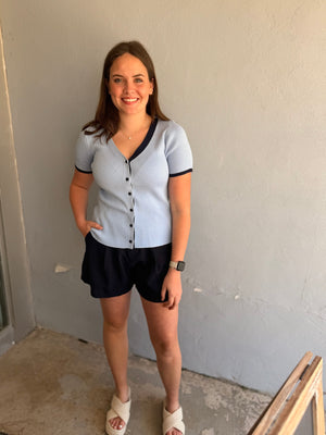 Staccato Light Blue Ribbed Button Down Top w/ Navy Detail