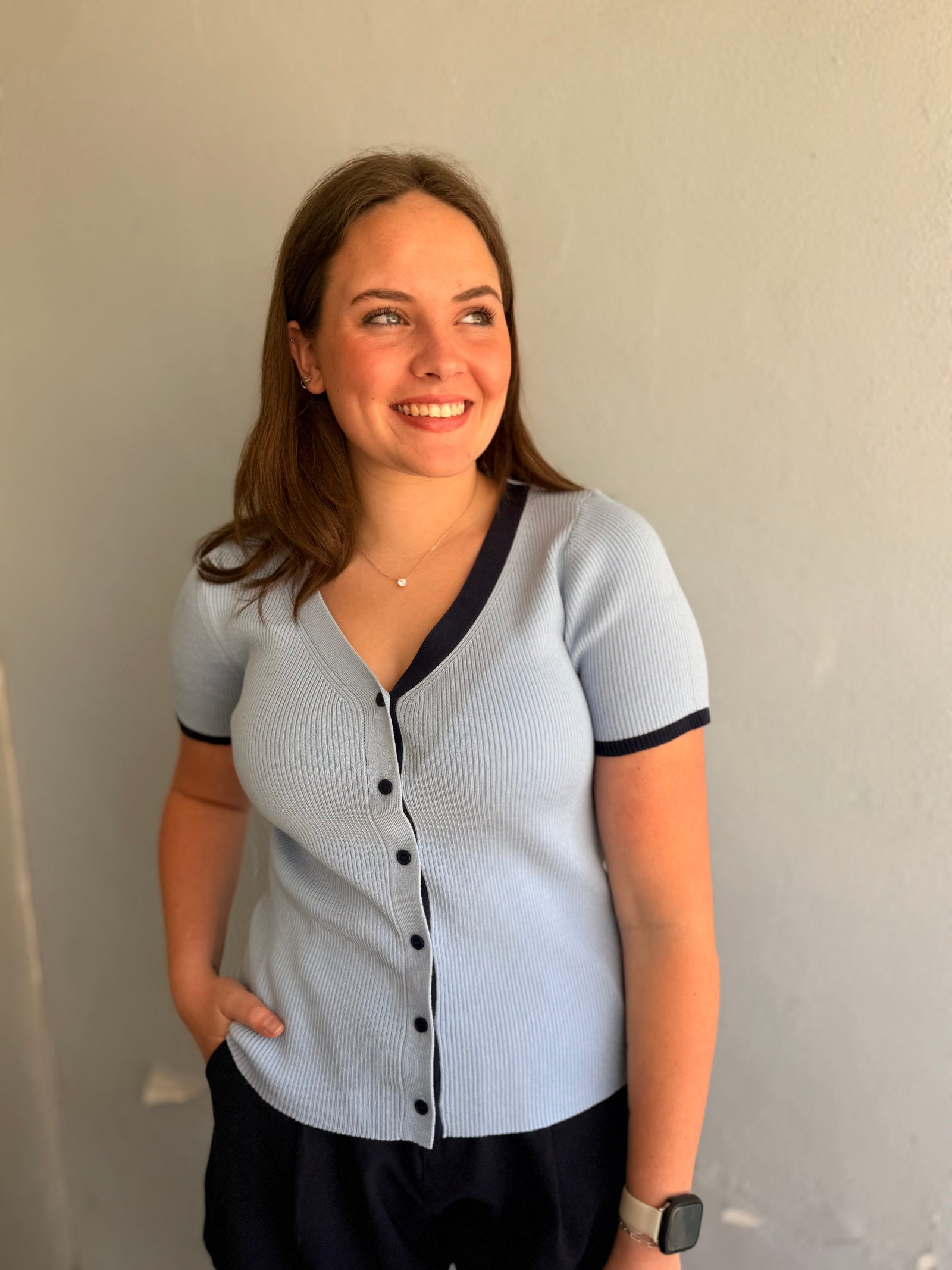 Staccato Light Blue Ribbed Button Down Top w/ Navy Detail