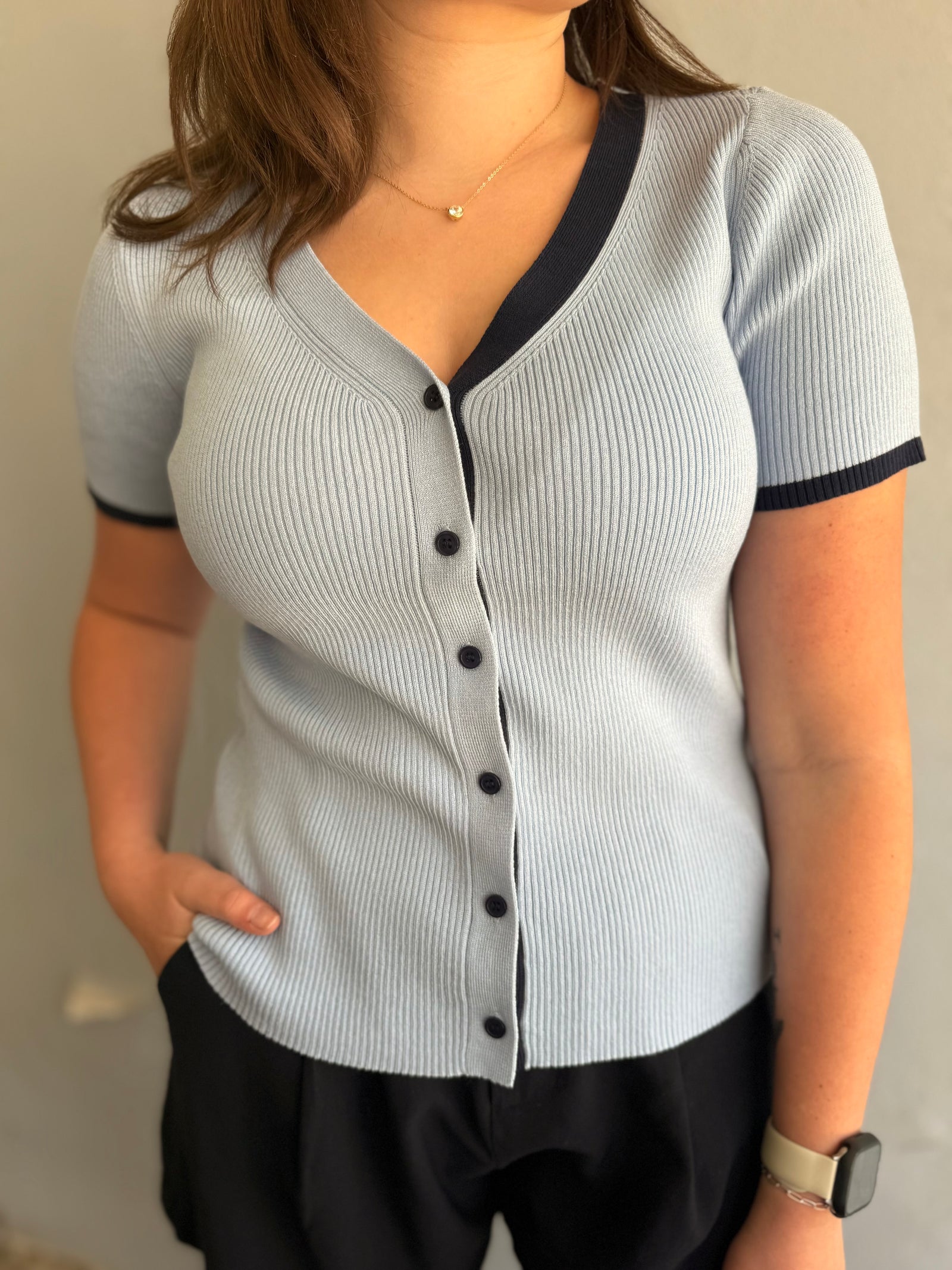 Staccato Light Blue Ribbed Button Down Top w/ Navy Detail