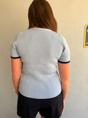 Staccato Light Blue Ribbed Button Down Top w/ Navy Detail