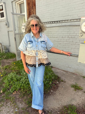 Hem & Thread Floral Frilled Patchwork Short Sleeve Denim Jacket