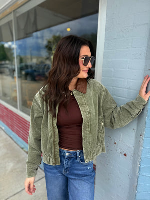 J.NNA Olive Mineral Wash Corduroy Bomber Jacket w/ Faux Leather Collar